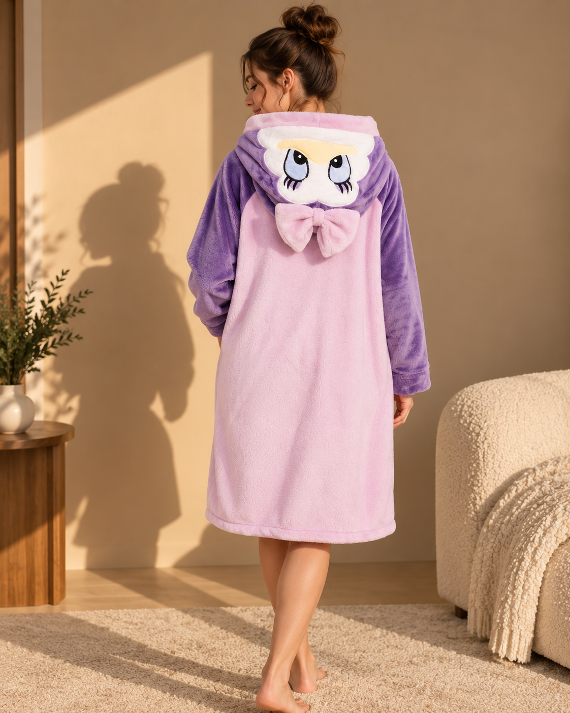 A woman stands barefoot indoors wearing a plush hooded robe from the back. The robe is light pink with purple sleeves and hood trim, and the hood features a cartoon face with large white eyes and a pink bow.