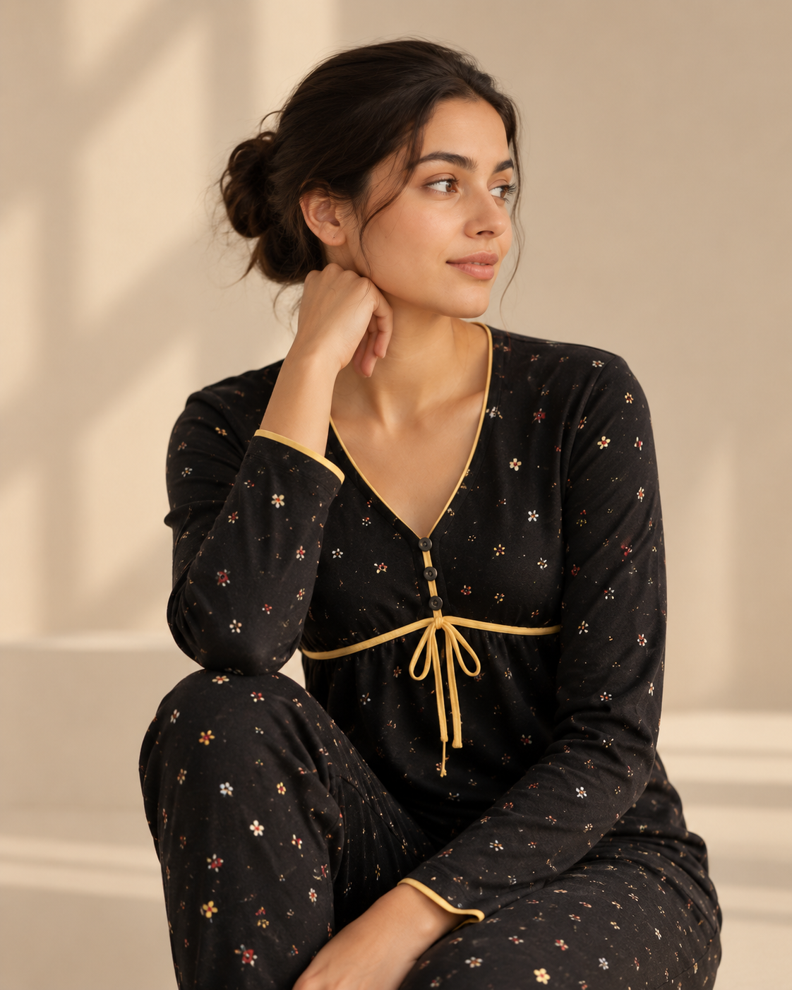 A woman wearing a black long-sleeve pajama set with a small multicolor floral print and mustard yellow trim, sitting in a softly lit indoor setting.