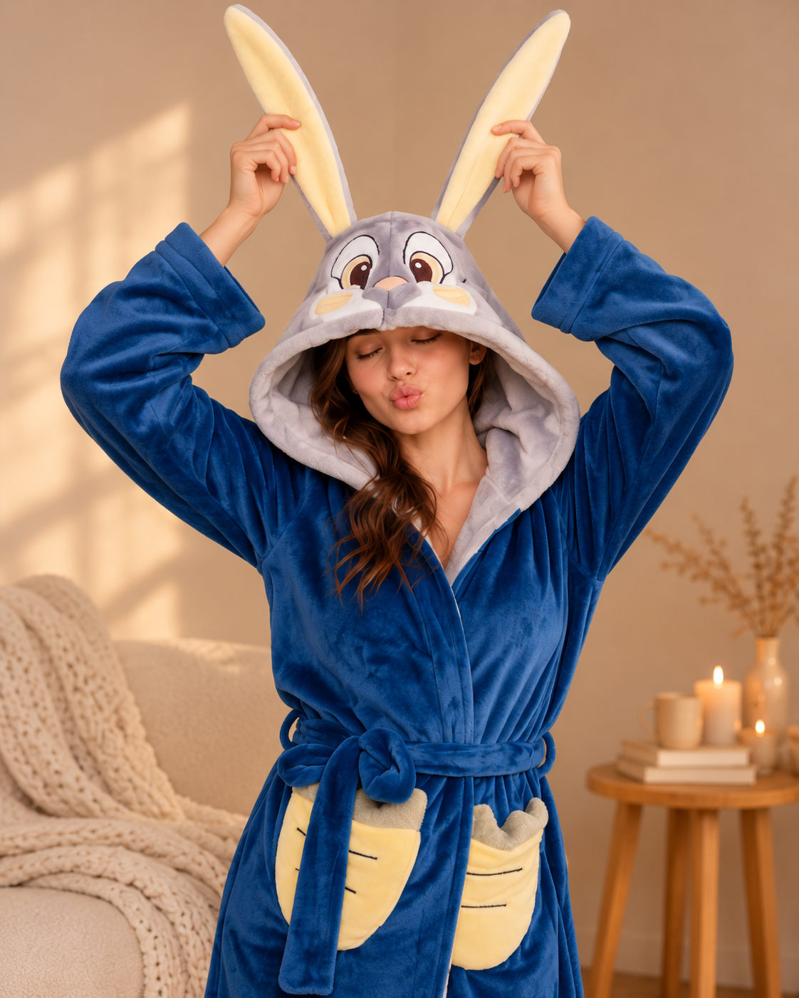 A woman wearing a plush blue bunny hooded robe with cream-colored ears and bunny-face details on the hood, posing in a cozy room setting with candles and a blanket.