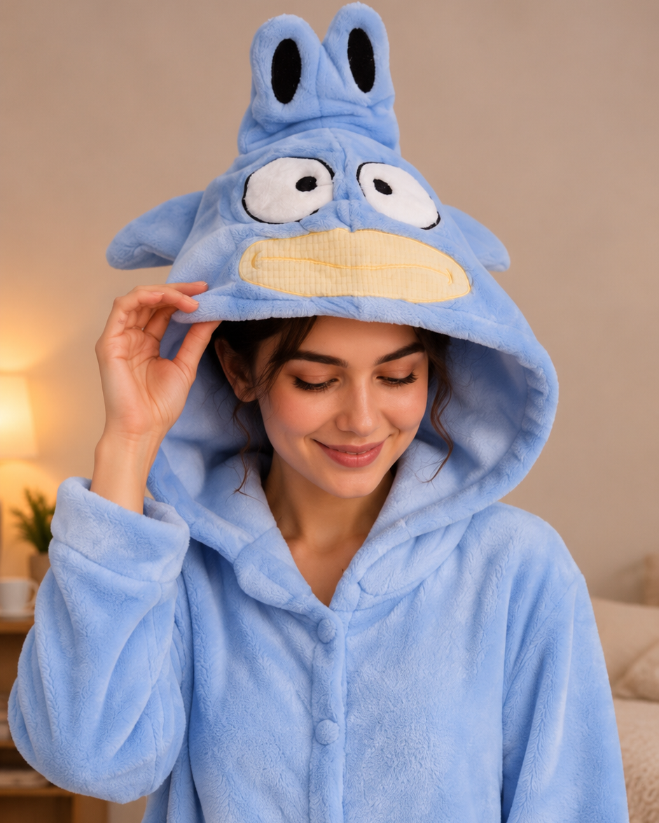 A woman wearing a light blue plush hooded onesie with a cartoon monster face on the hood and white paw-print pockets, standing indoors in a softly lit room.