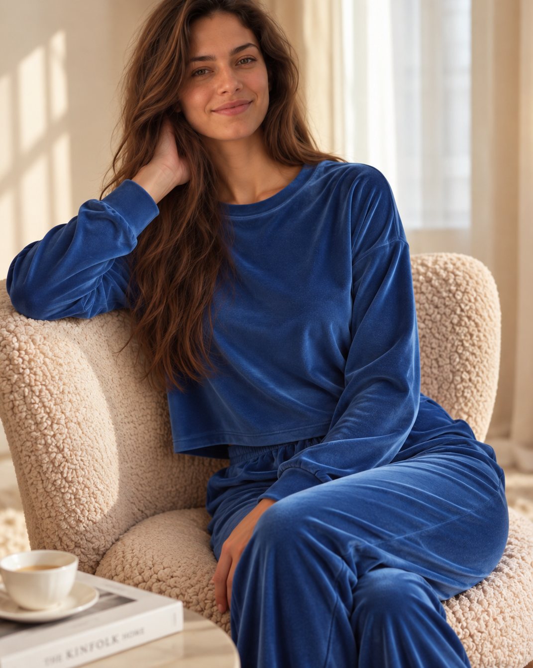 A woman wearing a matching royal blue velvet lounge set, consisting of a long-sleeve top and wide-leg pants, sitting in a cozy cream-colored boucle armchair.