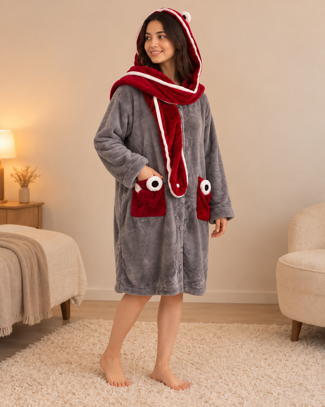 A woman wearing a plush gray hooded robe with red and white accents, including a hood with white trim, red neck area, and red pockets with cartoon eyes, standing in a softly lit bedroom.