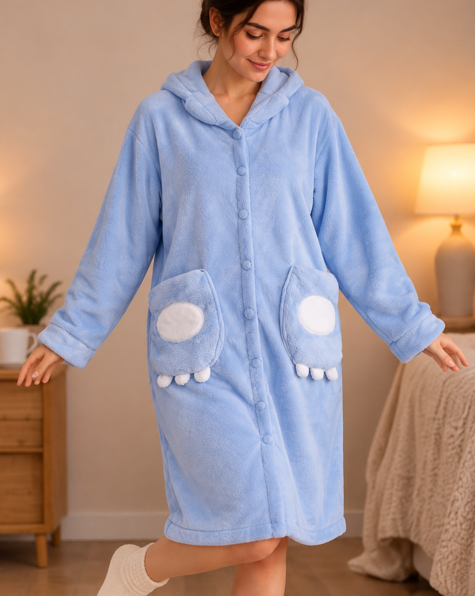 A woman wearing a light blue plush hooded robe with white circular face details and pom-pom accents on the pockets, standing in a warmly lit bedroom.