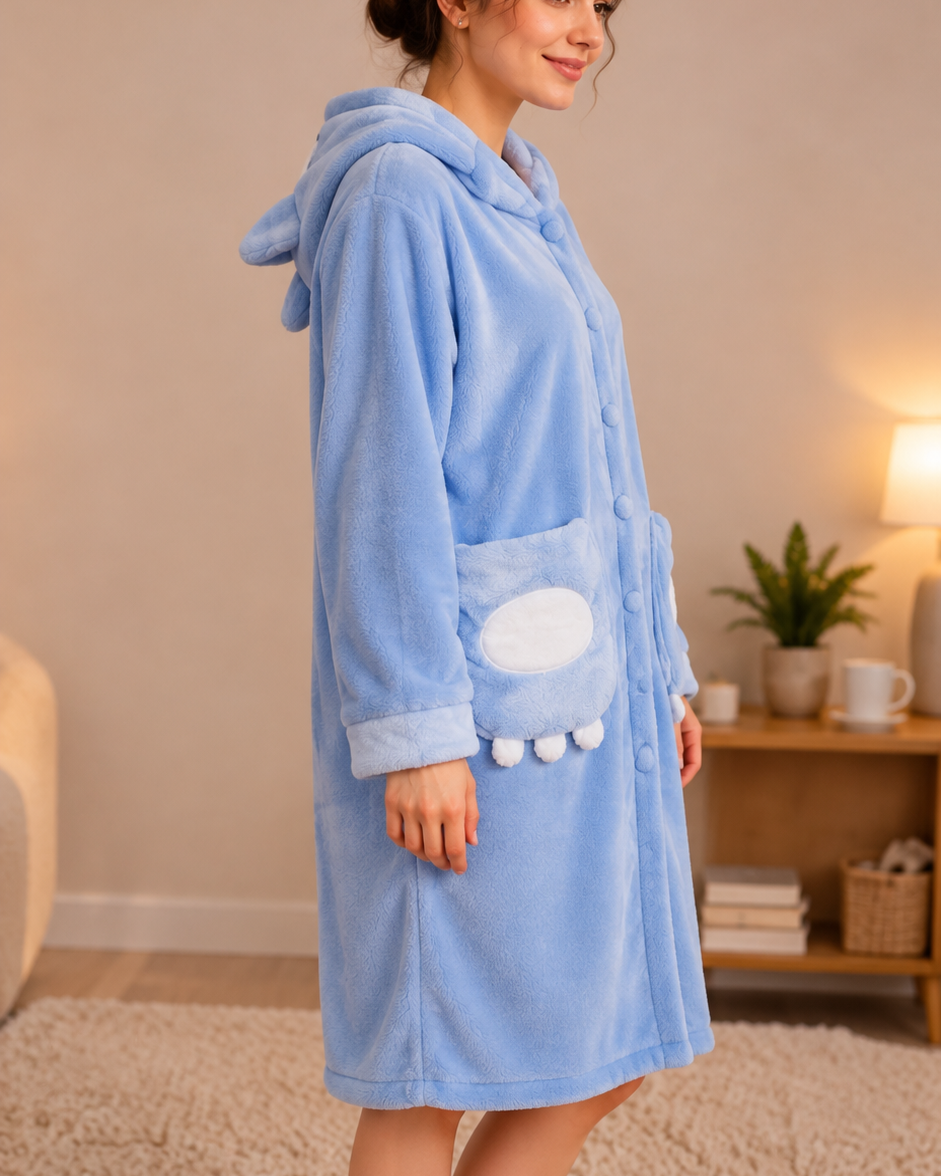 A woman wearing a plush light blue hooded robe with a white cloud applique on the pocket, standing in a cozy bedroom setting.