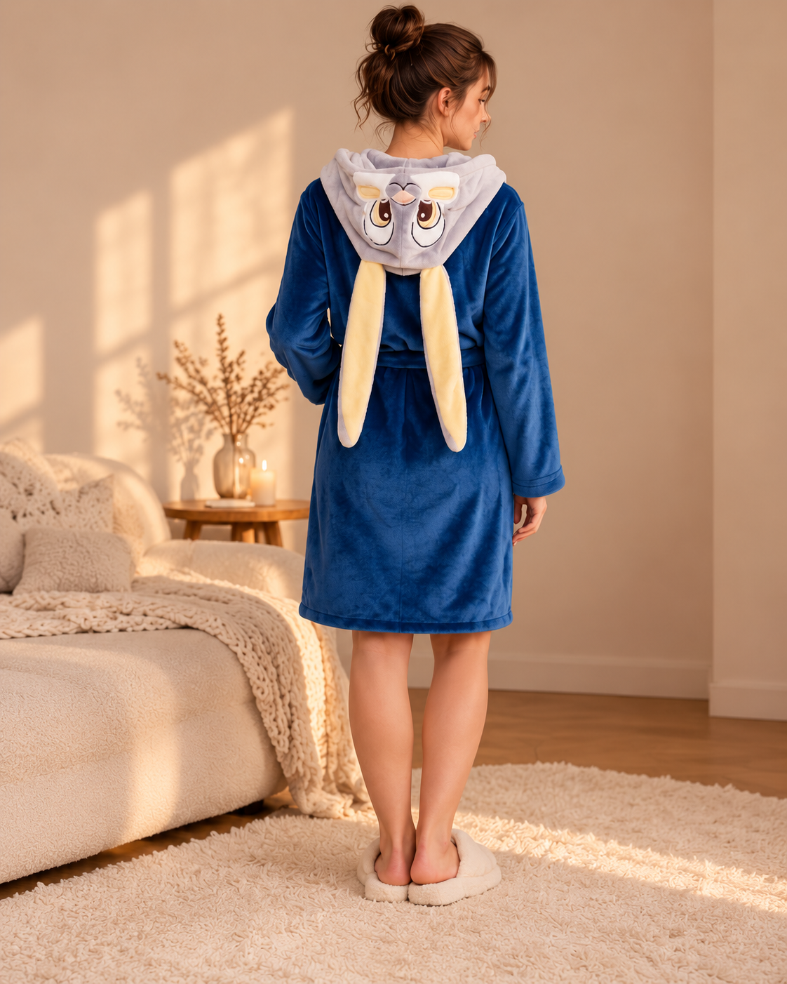 A woman stands with her back to the camera wearing a plush blue hooded robe with long cream bunny ears and a cartoon face on the hood, in a softly lit bedroom with a bed and rug visible.
