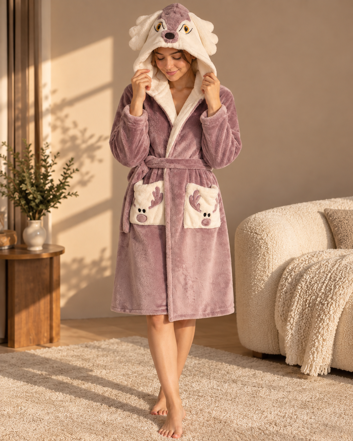 A woman stands barefoot in a cozy living room wearing a plush mauve-purple hooded robe with a white sherpa lining and animal face details on the hood and front pockets.