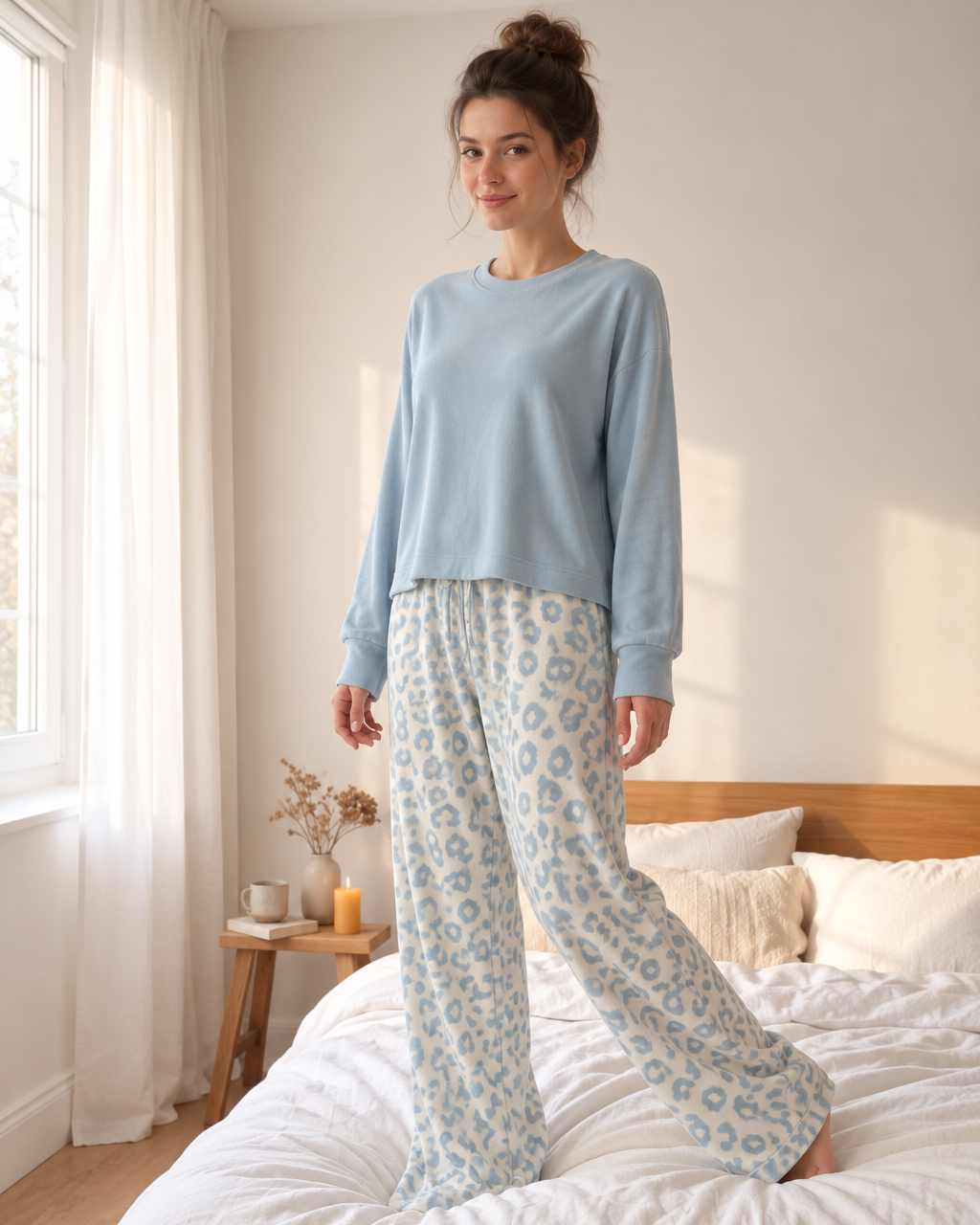 A woman wearing a light blue long-sleeve top and matching light blue patterned pajama pants stands on a white bed in a softly lit bedroom.