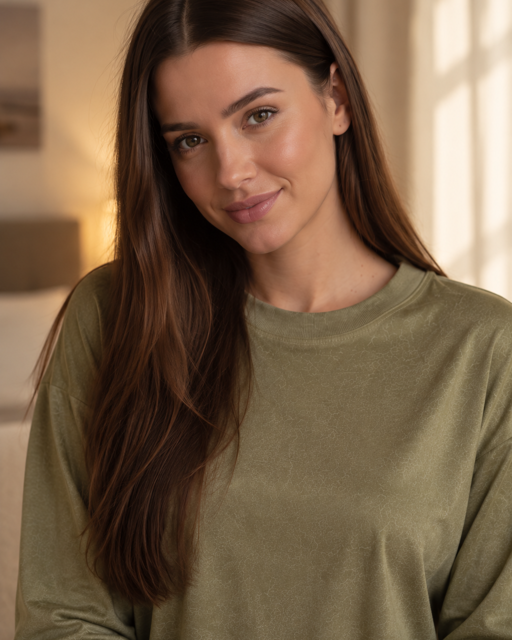 A woman with long brown hair wearing an olive green long-sleeve crewneck top, photographed in a softly lit indoor setting.