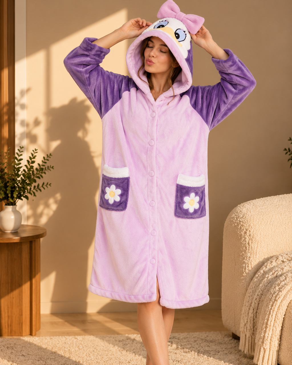 A woman wearing a plush hooded robe in a cozy indoor setting. The robe is light pink with purple sleeves and hood trim, featuring a cartoon bird face on the hood and two white flower patches on the front pockets.
