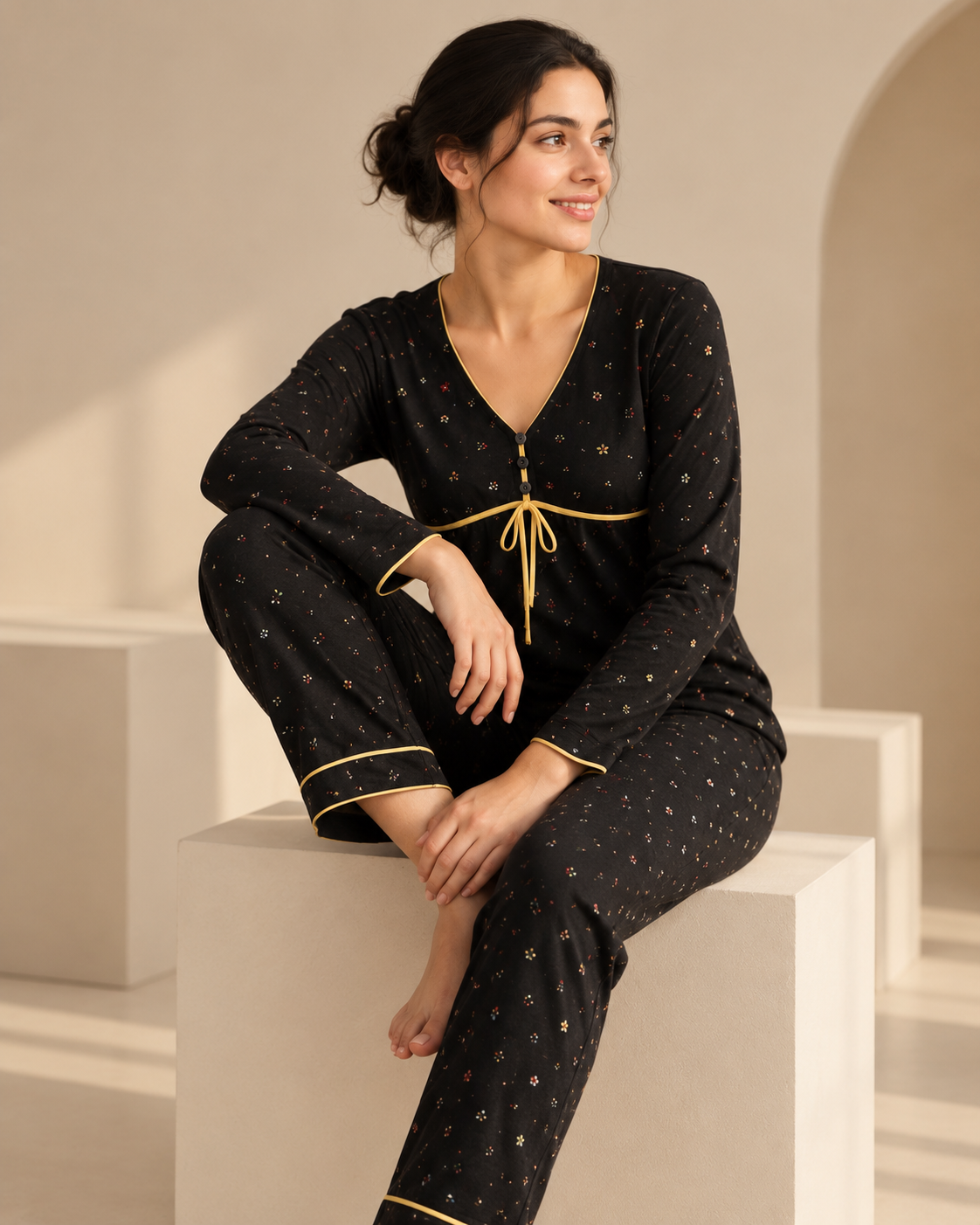 A woman wearing a black long-sleeve pajama set with small gold and white geometric patterns and gold trim, sitting on a white block in a minimalist beige room.