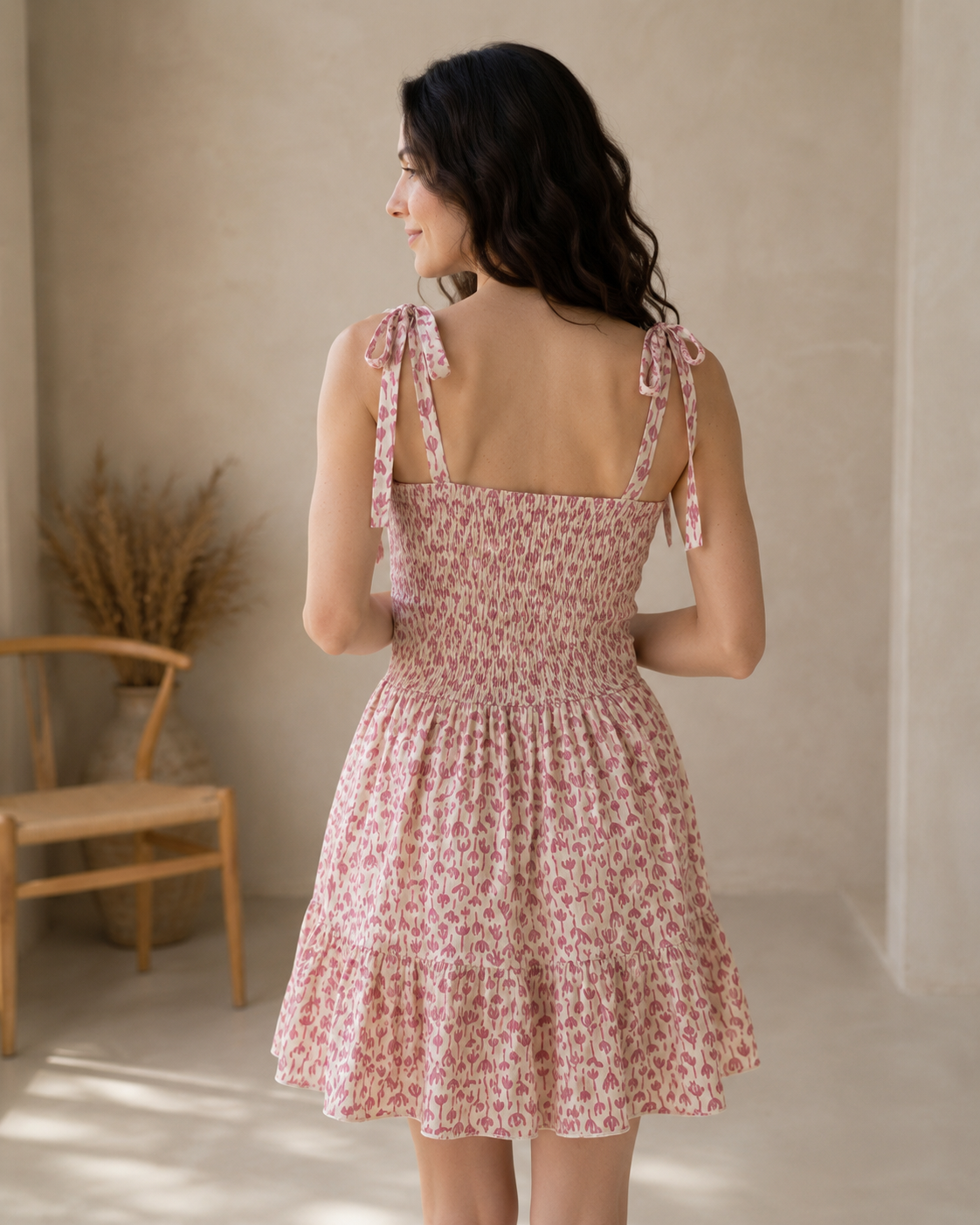 A woman wearing a pink and white floral smocked dress, shown from the back in a warm, neutral-toned indoor setting.