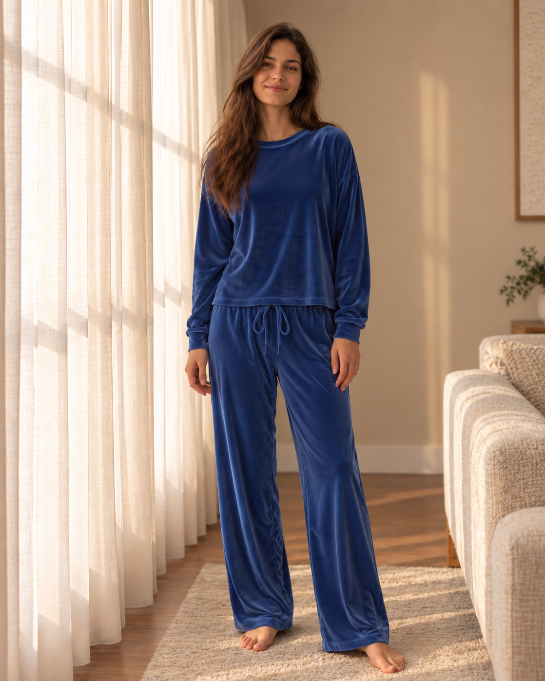 A woman stands barefoot in a sunlit living room wearing a matching royal blue velour pajama set with a long-sleeve top and wide-leg pants.