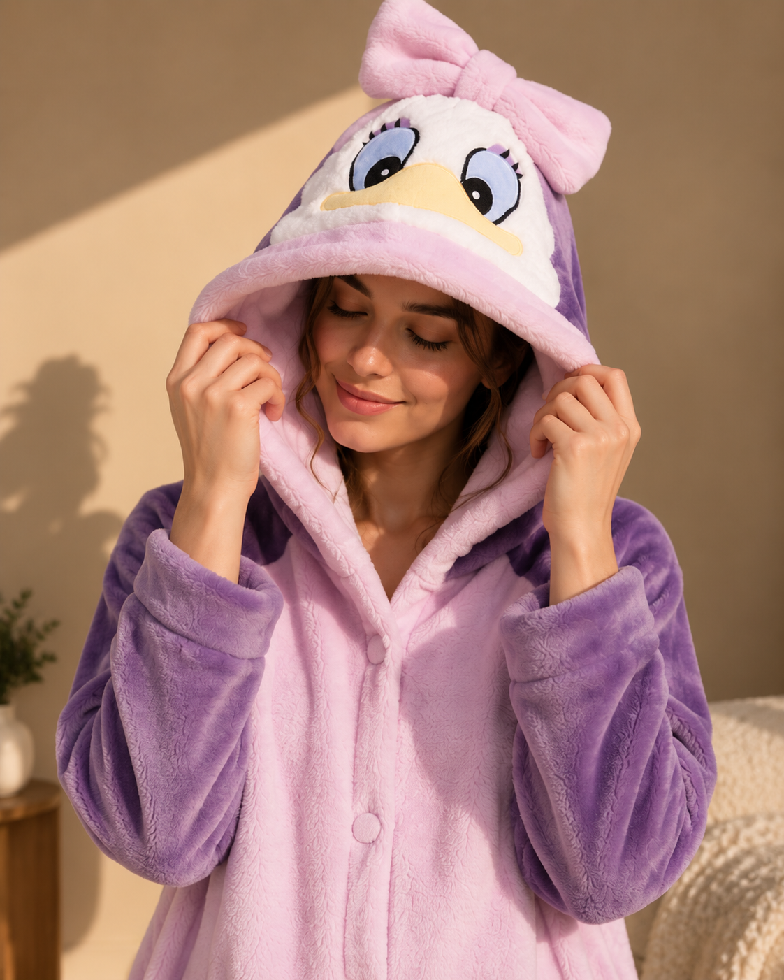 A woman wearing a plush purple and pink hooded onesie with a large bow and cartoon face on the hood, posing in a warm indoor setting.