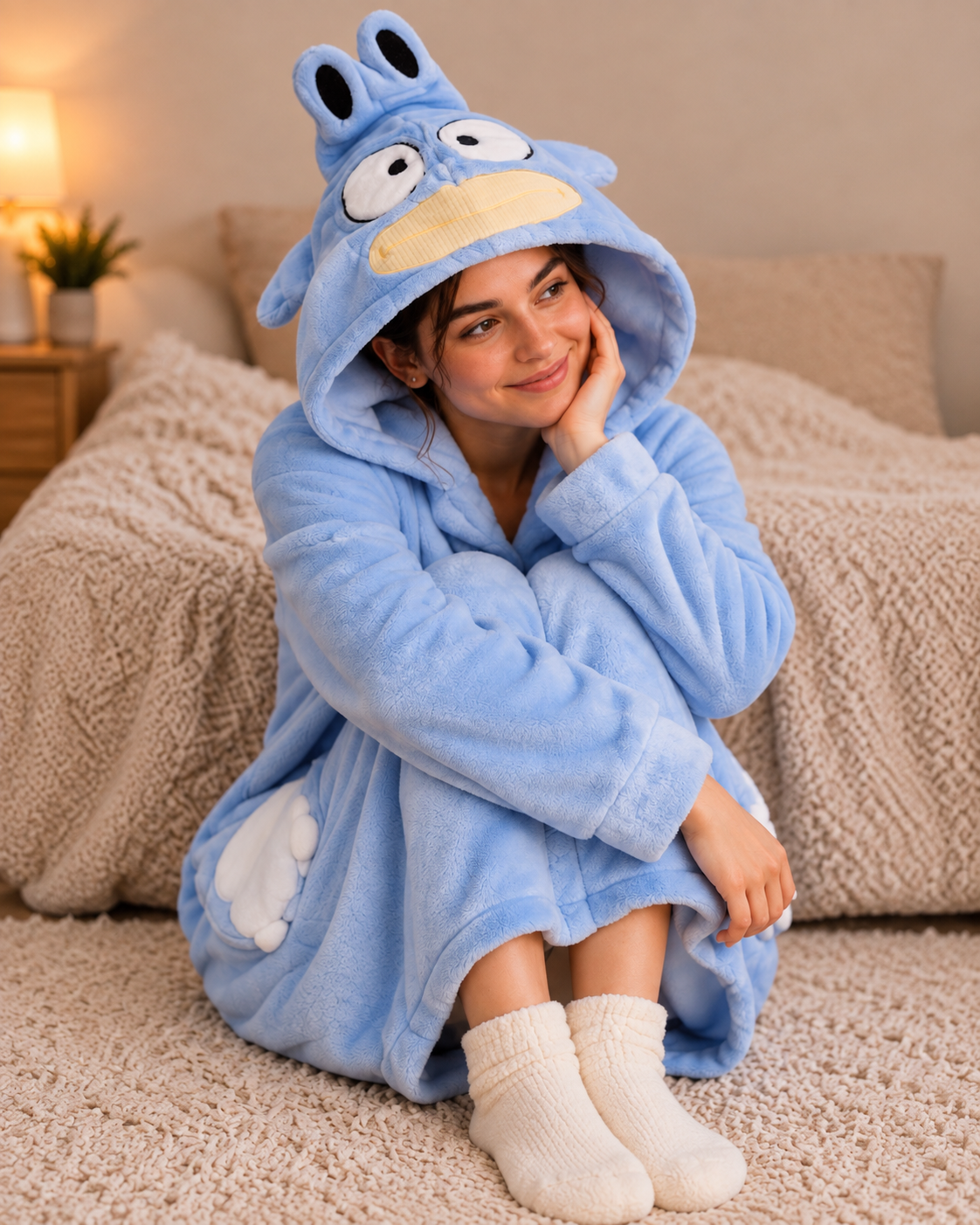 A woman sitting on a beige carpet in front of a bed, wearing a light blue plush hooded robe with a cartoon character face on the hood and white socks.