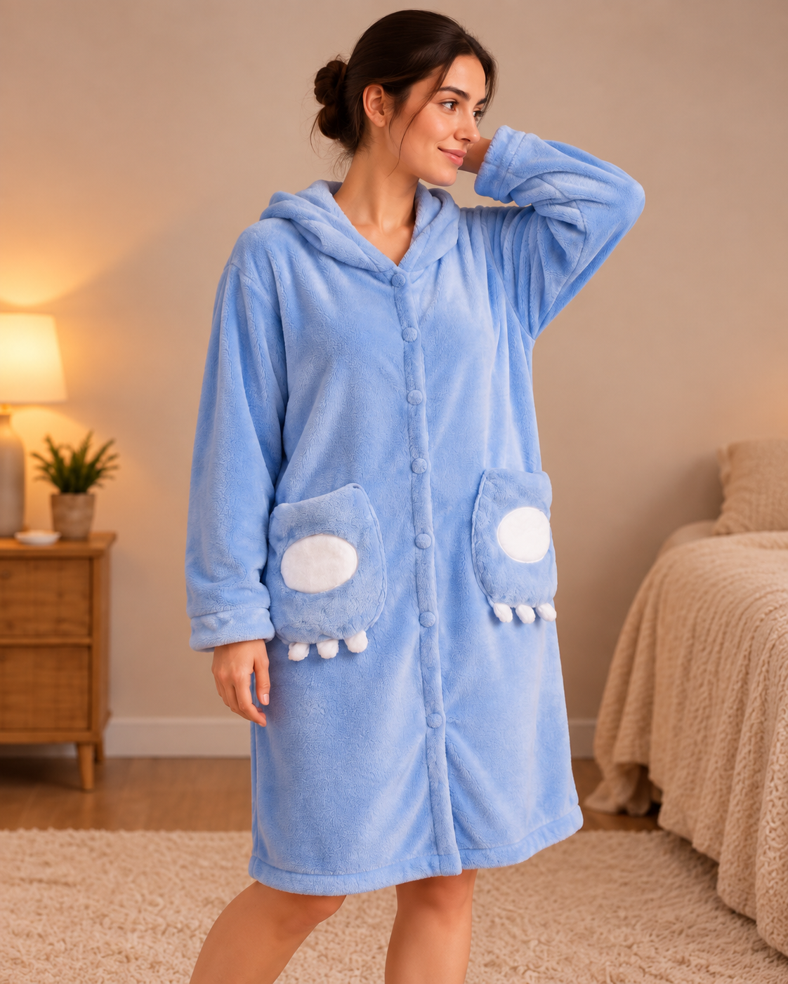 A woman wearing a light blue plush hooded robe with white circular patch details and pom-pom accents on the pockets, standing in a warmly lit bedroom.